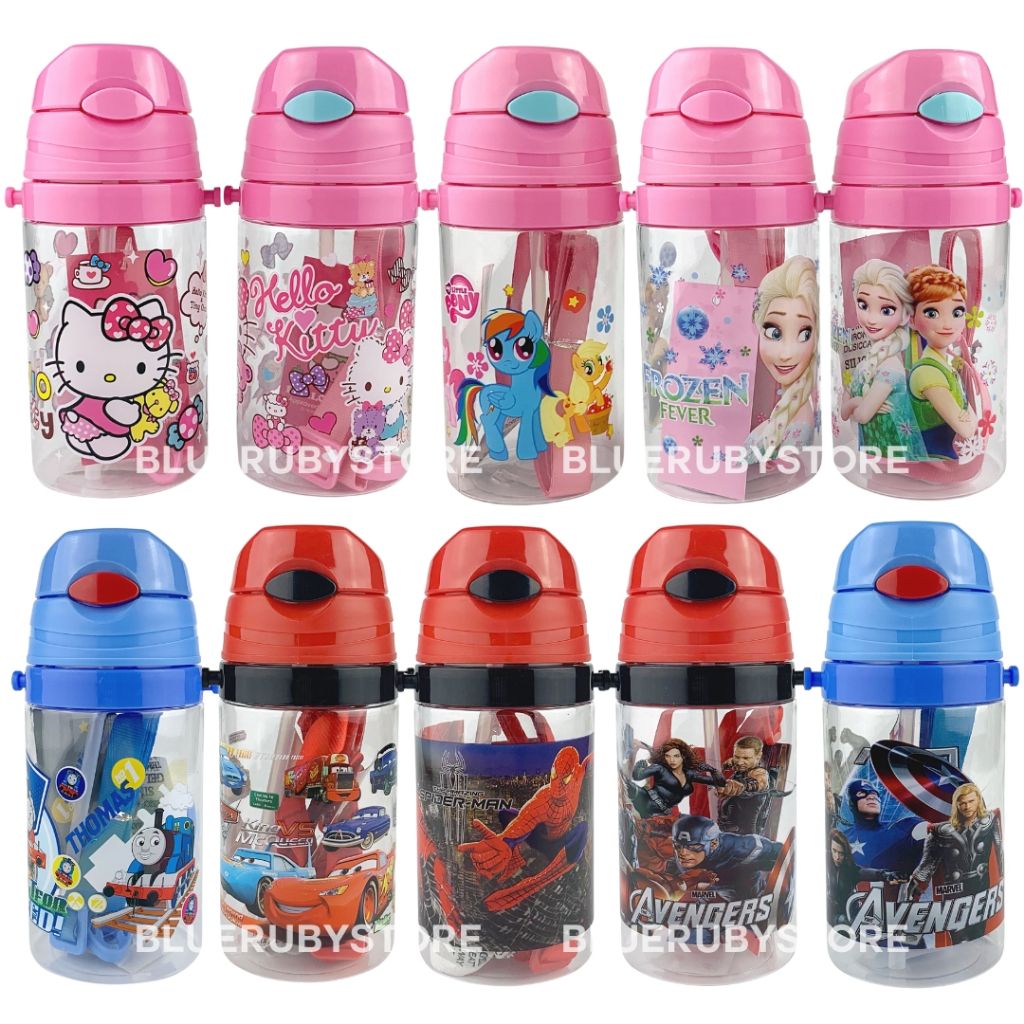 กระติกน้ำเด็กอนุบาล หลอดเด้ง 350ml. ลายการ์ตูน มีสายสะพาย ขวดน้ำพกพา กระบอกน้ำ BPA Free | Bluerubystore
