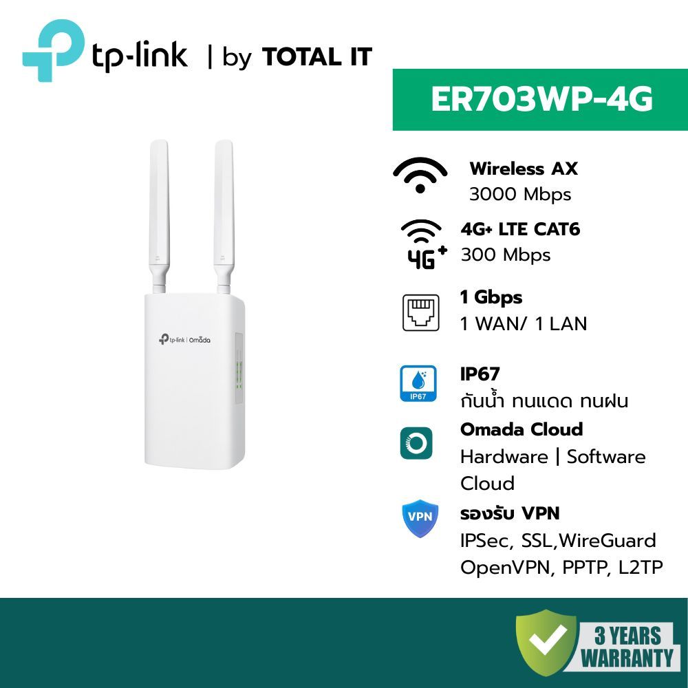 (พร้อมส่ง) TP-Link ER703WP-4G Outdoor เราเตอร์ใส่ซิม 4G+ WiFi 6 AX1800 Omada ทนแดดฝน สำหรับธุรกิจ