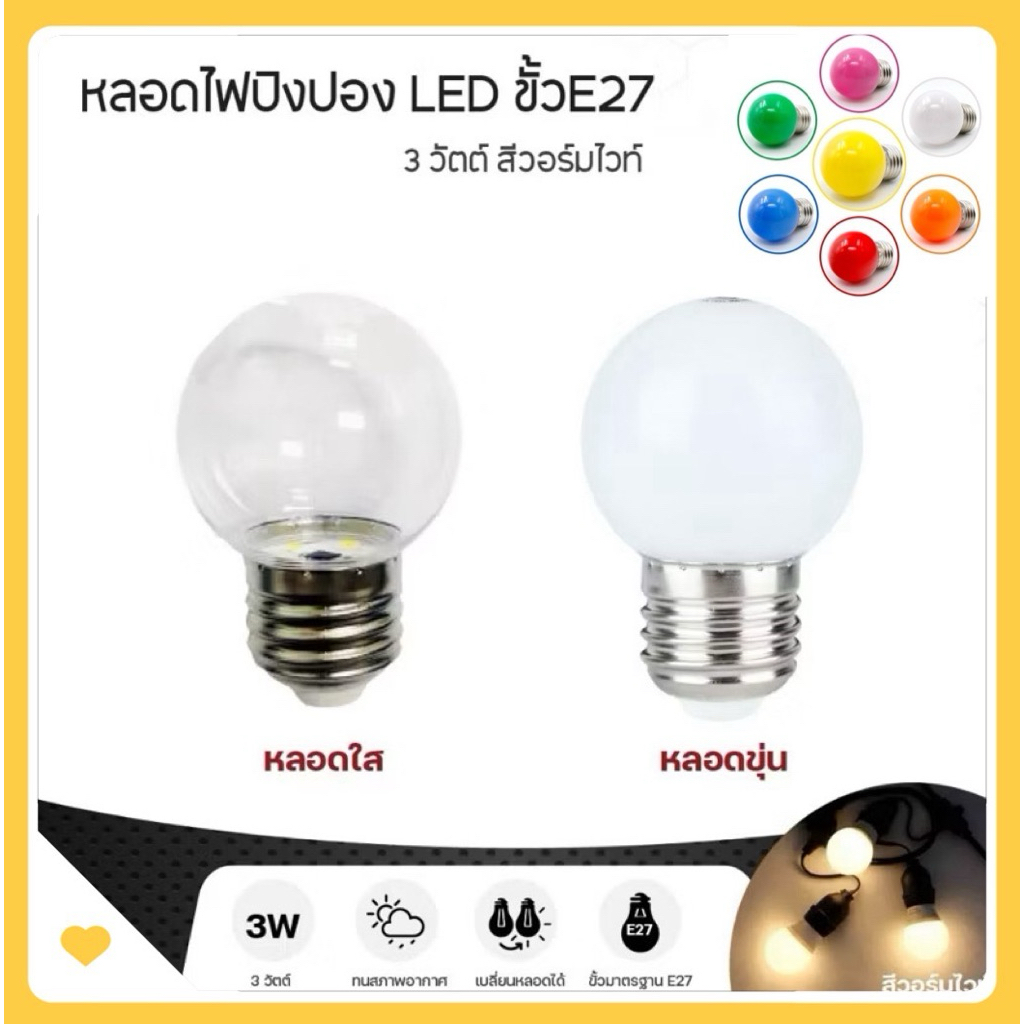 หลอดไฟ LED ขนาดเล็ก 3วัตต์ ขั้ว E27 สีวอร์มไวท์ หลอดใส/ขุ่น/ขาว/หลอดสี