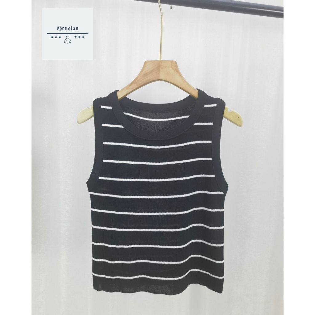 พร้อมส่งในไทย**เสื้อกล้ามไหมพรม แขนกุด ดีเทลลายทาง  Y116