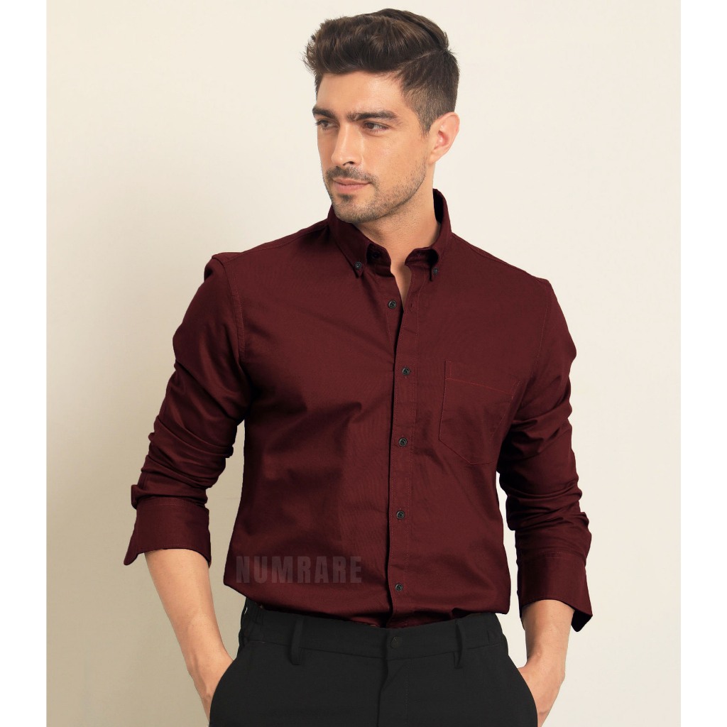 เสื้อเชิ้ตแขนยาวสีแดงเลือดหมู ผ้า Oxford ทรงเข้ารูป สลิมฟิต(slim fit) เสื้อเชิ้ตผู้ชาย ราคา ถูกที่สุด ดีลบีเคเค