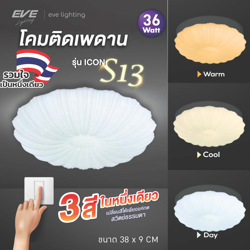 EVE ( ลดล้างสต๊อก ) โคมไฟติดเพดาน เปลี่ยนสีได้ 3 สี แอลอีดี LED รุ่น ICON-S13 ขนาด 36 วัตต์ 38x9cm.