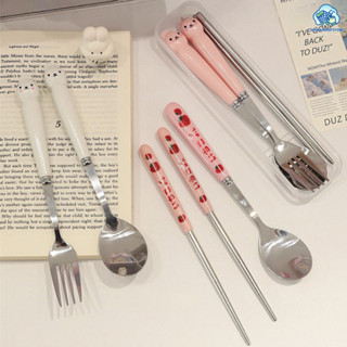 ช้อน ชุดช้อนส้อมสเตนเลส แบบพกพา ชุดอาหารการ์ตูนน่ารัก ช้อน +…