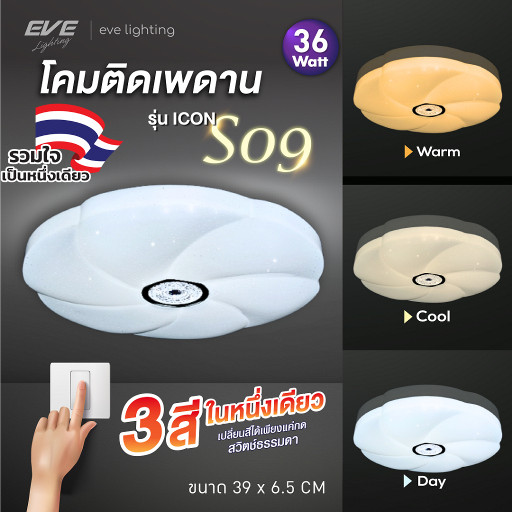 EVE (ลดล้างสต๊อก) โคมไฟติดเพดาน เปลี่ยนสีได้ 3 สี แอลอีดี LED รุ่น ICON-S09 ขนาด 36W 39x6.5cm.