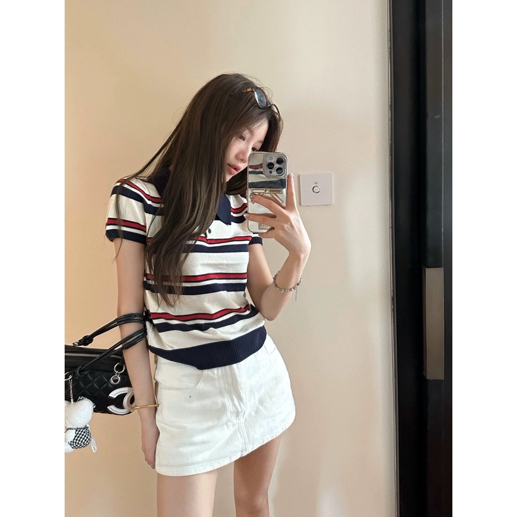 Somedays_closet l🌷พร้อมส่ง🌷Ami Top เสื้อแขนสั้นลายทางคอปกสไตล์เกาหลี