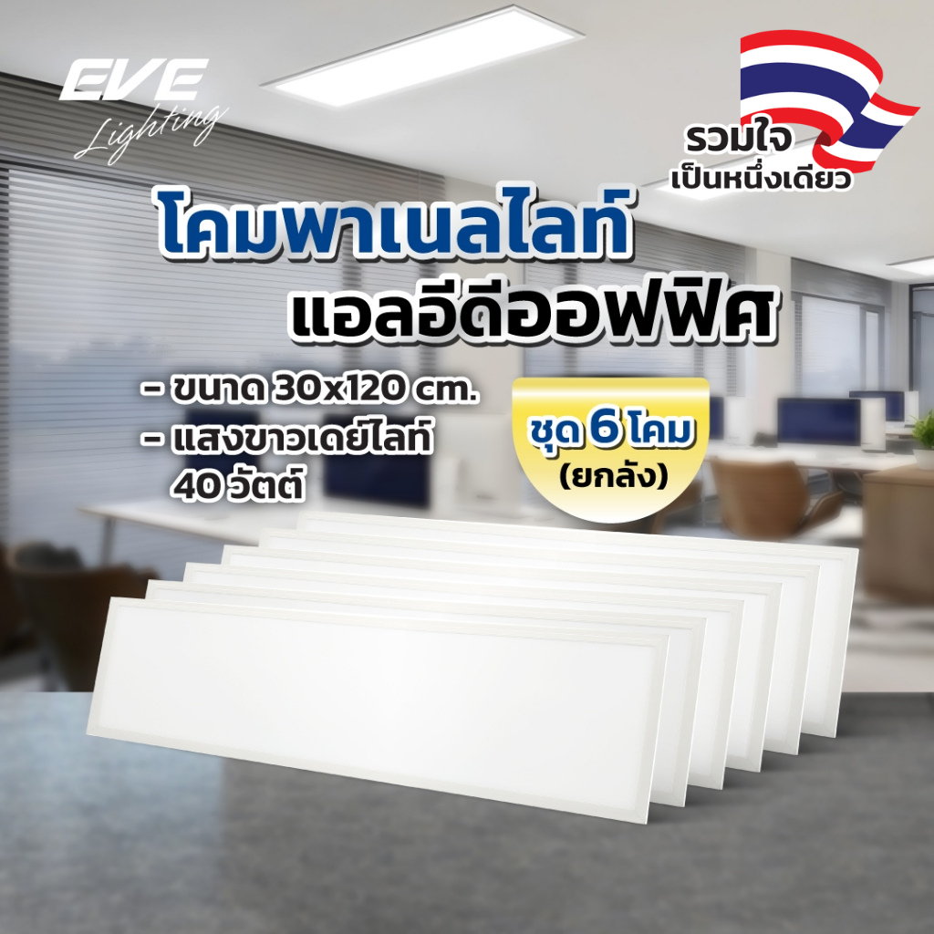 EVE ( ยกลัง ชุด 6 โคม ) โคมไฟ ออฟฟิศ แอลอีดี ชนิดฝังฝ้า ขนาด 30x120ซม. ขนาด 40 วัตต์ แสงขาว 6500K