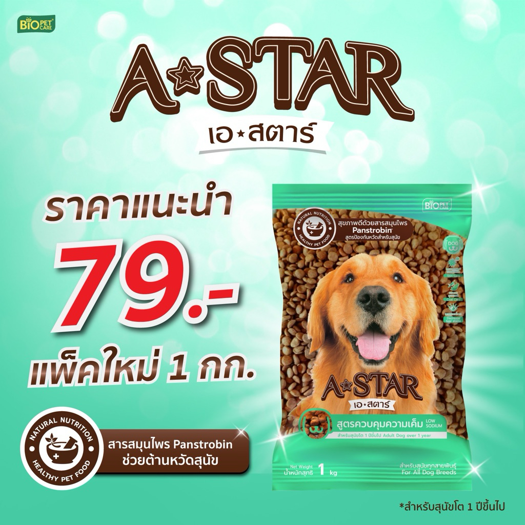 A-STAR Adult Dog Beef flavor อาหารสุนัขโต เอ-สตาร์ รสเนื้อ มีสารสมุนไพรPanstrobinช่วยต้านหวัด ขนาด 1 กก.สีธรรมชาติ
