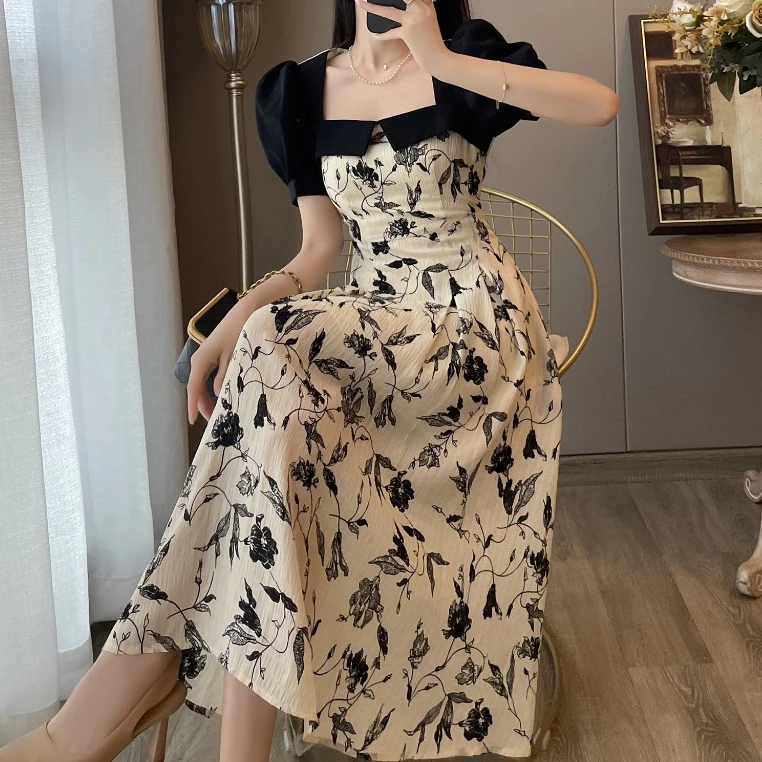 ชุดเกาหลี ชุดวินเทจ เสื้อผ้าแฟชั่นผู้หญิง ชุดเดรสสีดํา เดรสไซส์ใหญ่ thumbnail 3
