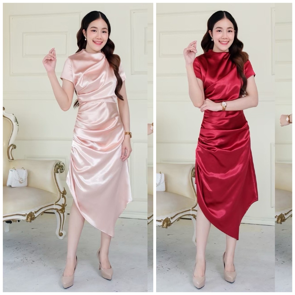 LX3202  คอปีน แขนสั้น จีบข้างตัว ชุดไปงานแต่ง ชุดออกงาน เดรสเพื่อนเจ้าสาว [LUXURY707]