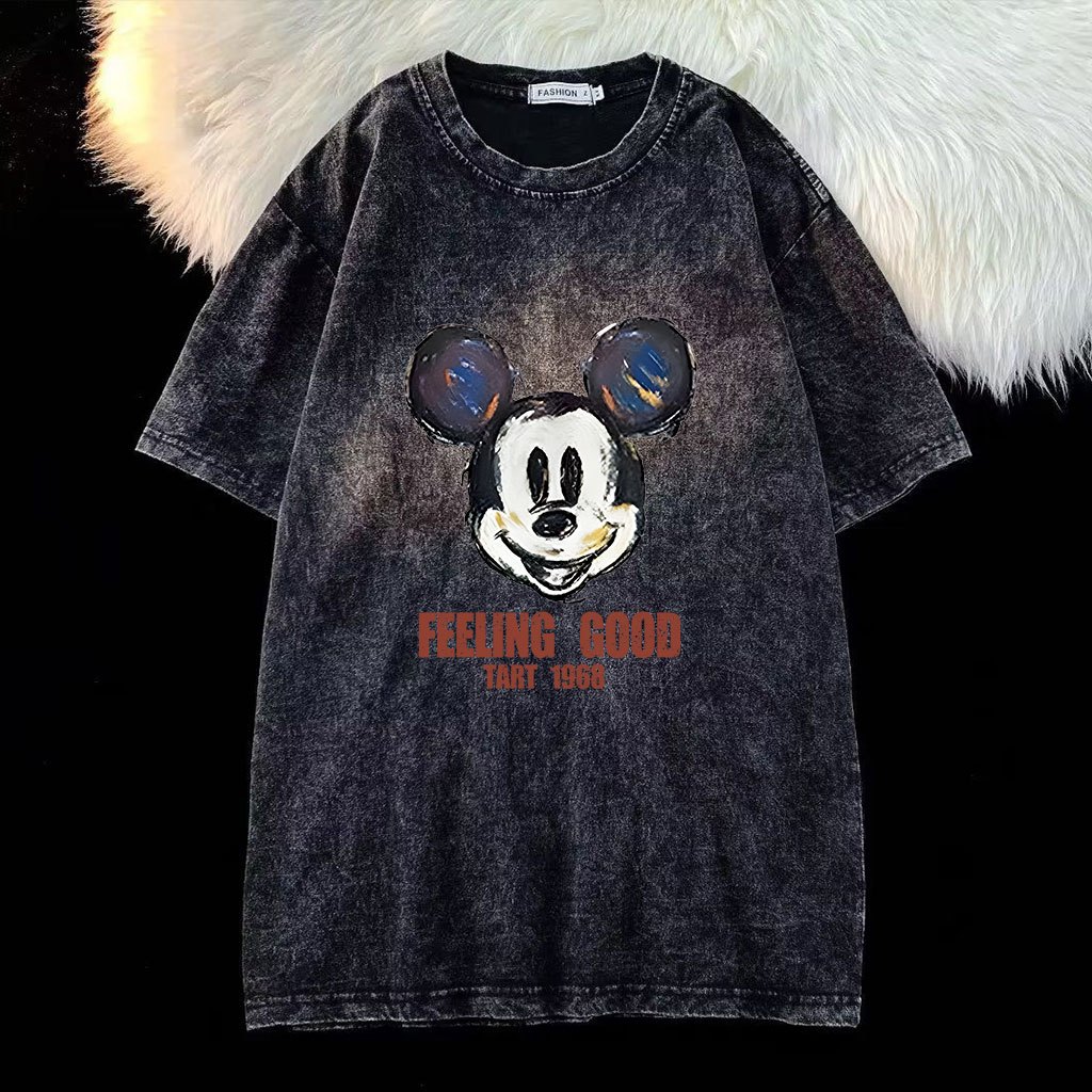 เสื้อยืดฟอกเฟดวินเทจแบบเท่ๆ ผ้าคอตตอน100% oversize เสื้อผ้าสาวอวบ เสื้อโอเวอร์ไซซ์ผู้หญิงแฟชั่นมาใหม่ ลายการ์ตูนเกาหลี