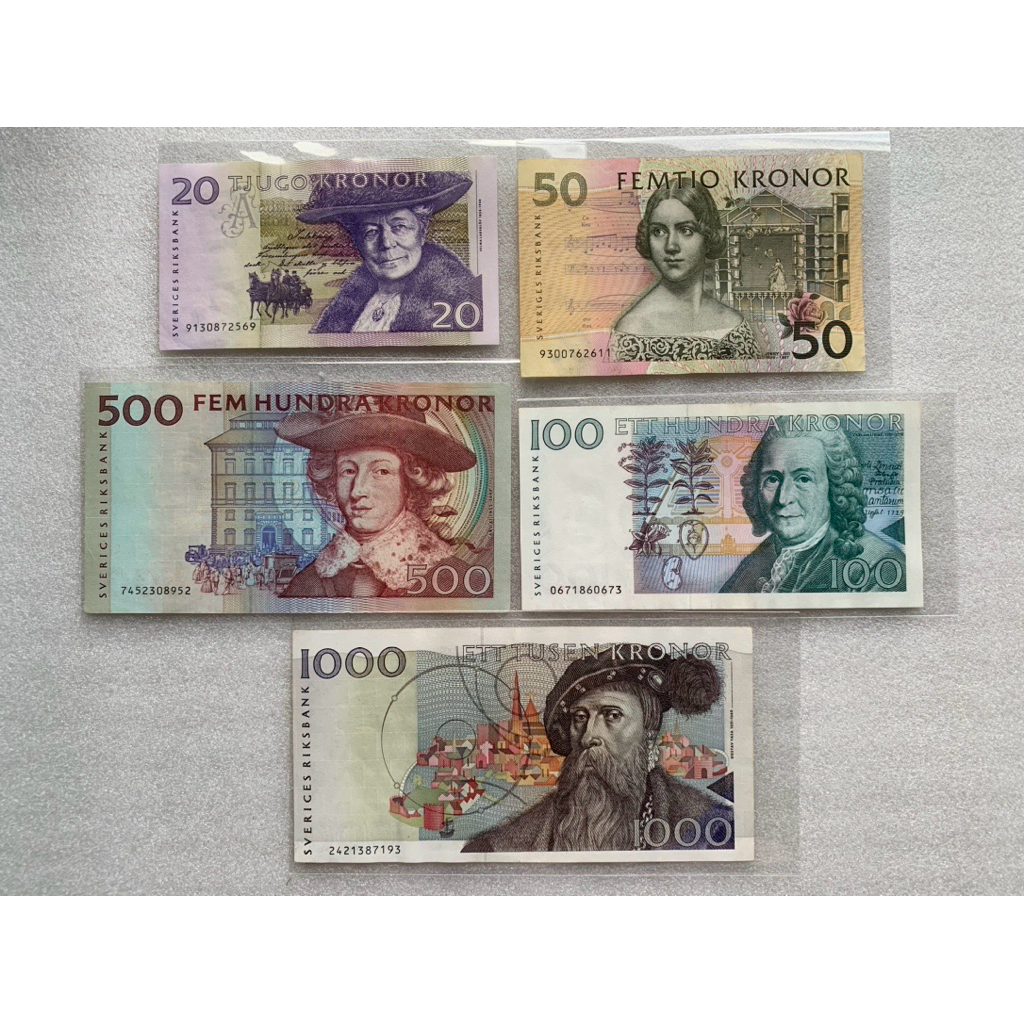 ธนบัตรรุ่นเก่าของประเทศสวีเดน ชนิด20-1000Kronor ปี1986-2000 ครบชุด5ใบ