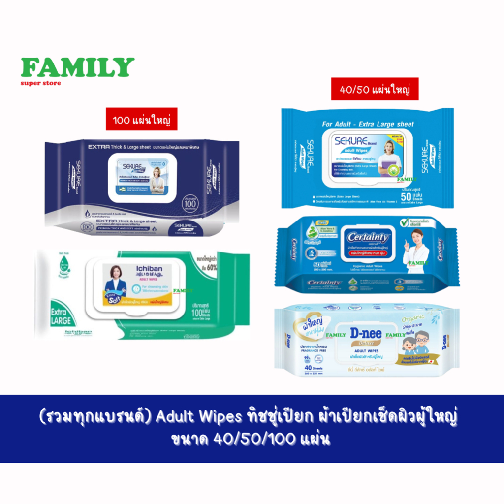 Adult Wipes ทิชชู่เปียก ผ้าเปียกเช็ดผิวผู้ใหญ่  ขนาด 40/50/100 แผ่น