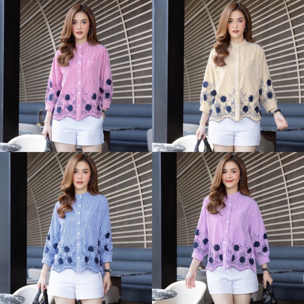 CUTIE MINUTE   CT6028  เสื้อผ้าcottonลายริ้ว ดีเทลงานตัดขอบชายเสื้อโค้งสวยงาม+ลายปัก 3 มิติ