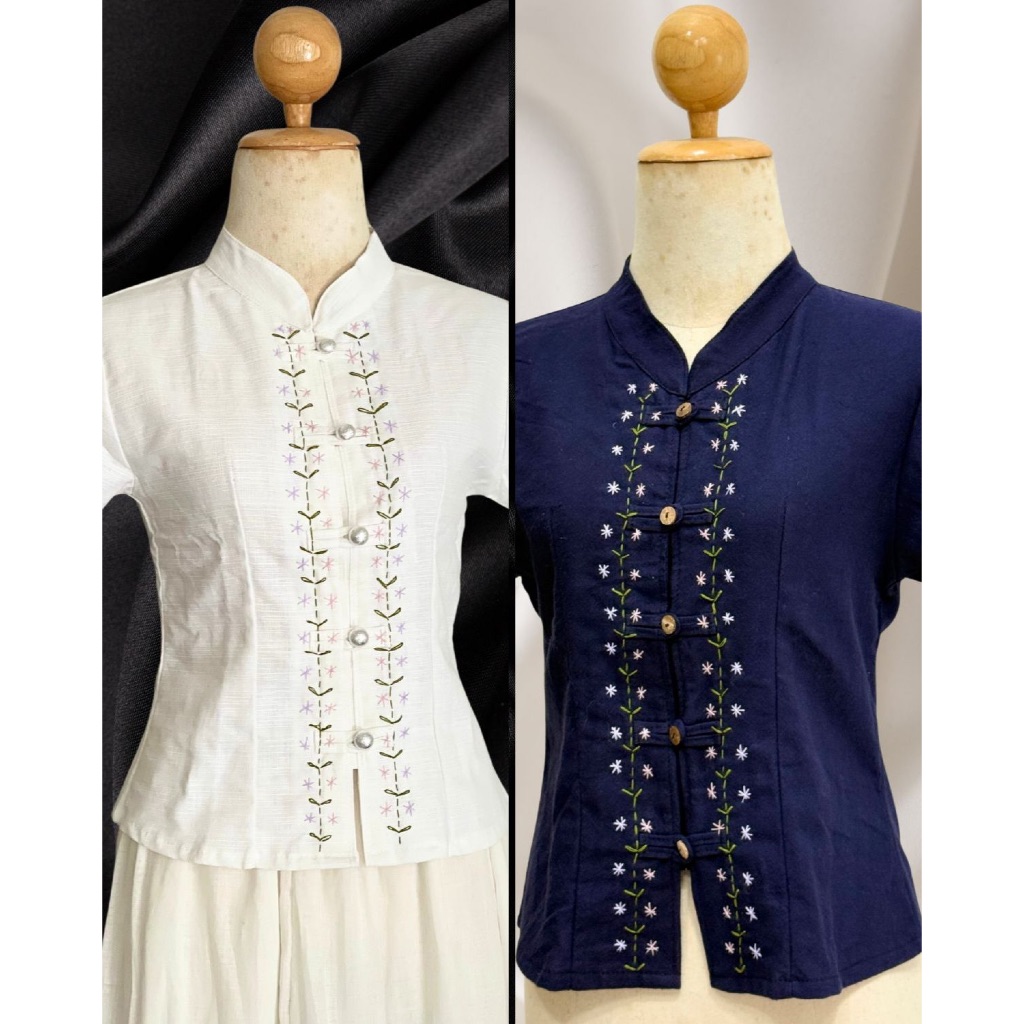 เสื้อผ้าฝ้าย เสื้อพื้นเมือง ผ่าหน้าเถาวัลย์ (ขาว-กรม)