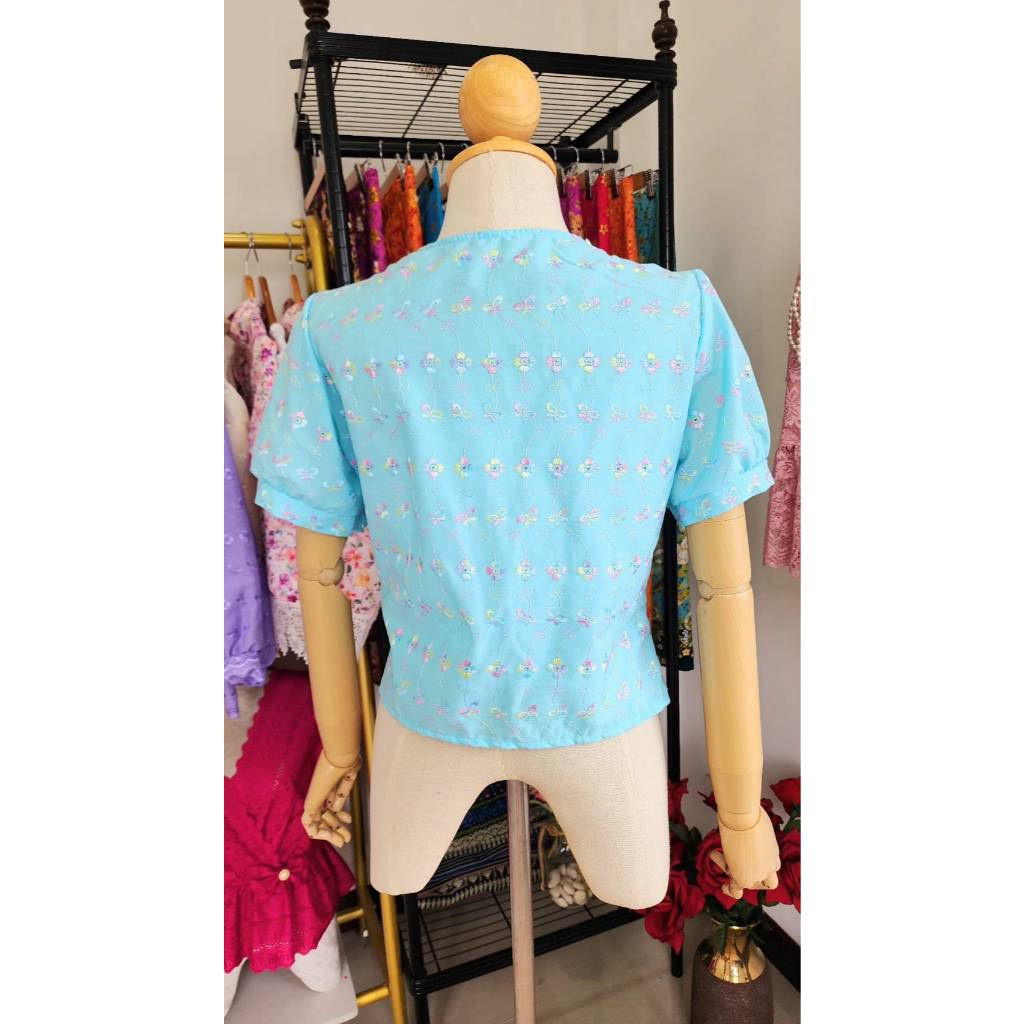 อก34-54นิ้วเสื้อผ้าฝ้ายปักลายลูกไม้สลับสี คอวีแต่งระบายแขนสั้น - รูปที่ 6