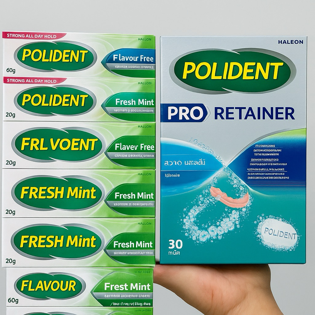 Polident โพลิเดนท์ ครีมติดฟันปลอม 20g/60g กลิ่น Fresh Mint / Flavour Free เม็ดทำความสะอาดฟันปลอม 30 เม็ด แช่ฟัน