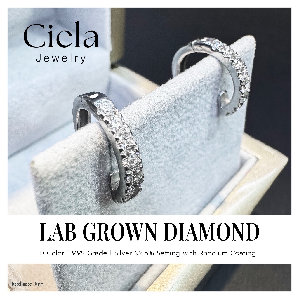 ต่างหูห่วงเพชร Lab Grown (CVD) น้ำ 100 (D Color) VVS 0.03 CT l ตัวเรือนเงิน 92.5% | Ciela Jewelry
