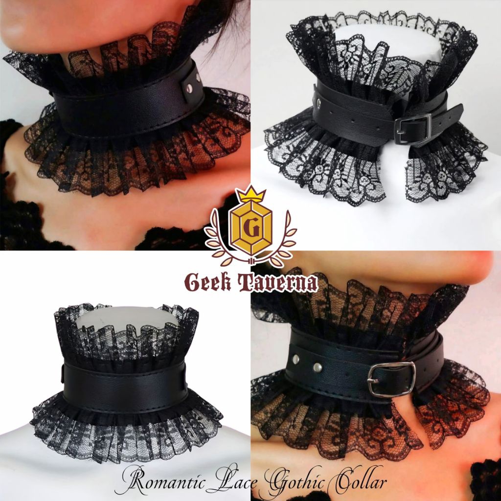 พร้อมส่ง โชคเกอร์หนัง Collar ประดับลูกไม้สไตล์ Gothic สีดำสุดโรแมนติกแบบ Renaissance