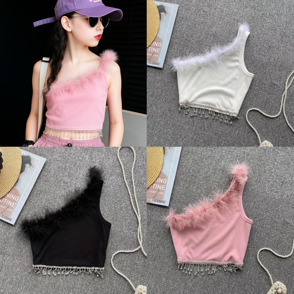 (พร้อมส่ง) 🇹🇭 เสื้อกล้ามเด็กผู้หญิงเปิดไหล่ประดับพู่ขนนก เสื้อเต้นเด็กแจ๊ส ฮิปฮอป