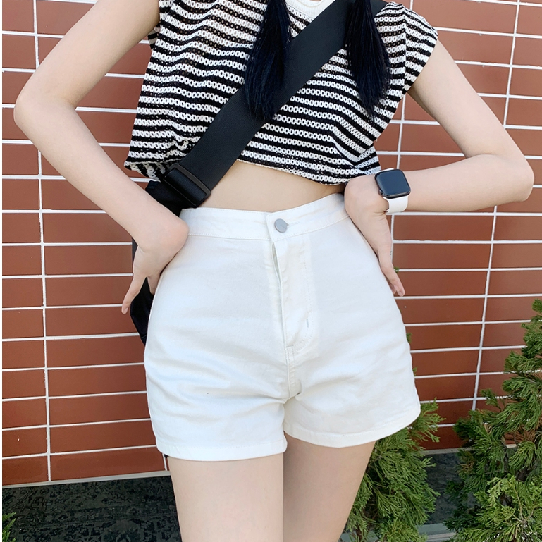 5สี กางเกงสั้ยผู้หญิง กางเกงยีนส์ เอวสูง ผ้ายืดได้ ทรงเข้ารูป สไตล์ออลแมทช์ #1501252