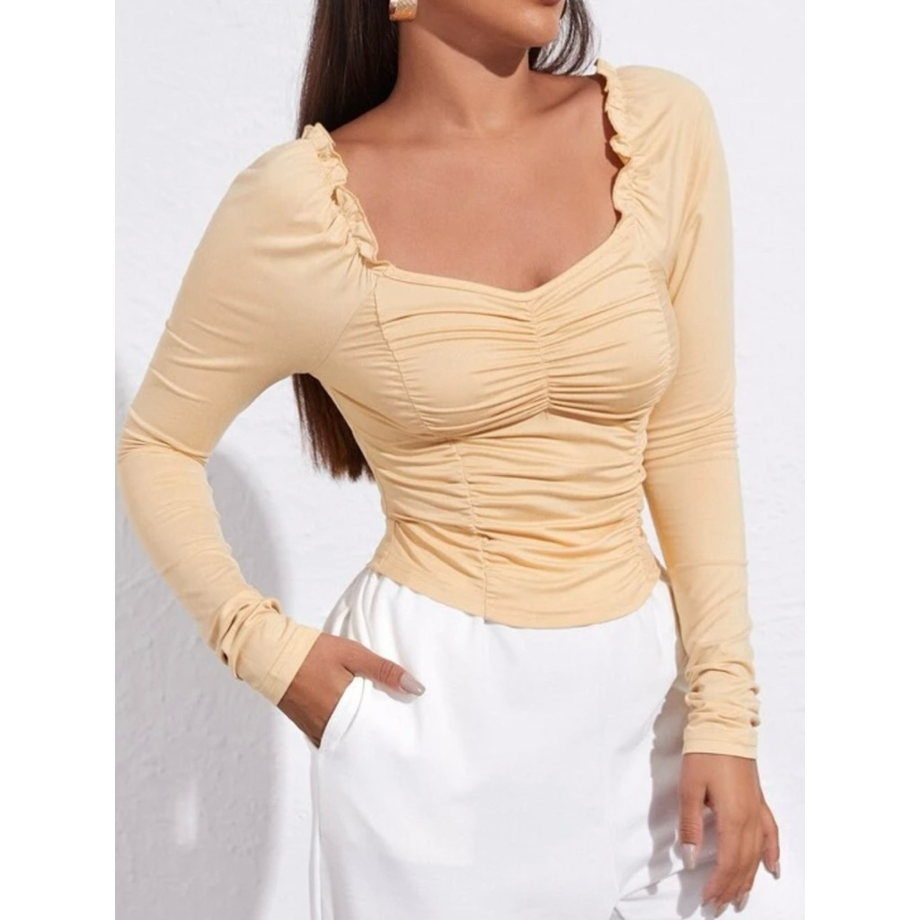 Sweetheart Neck Frill Trim Ruched Top