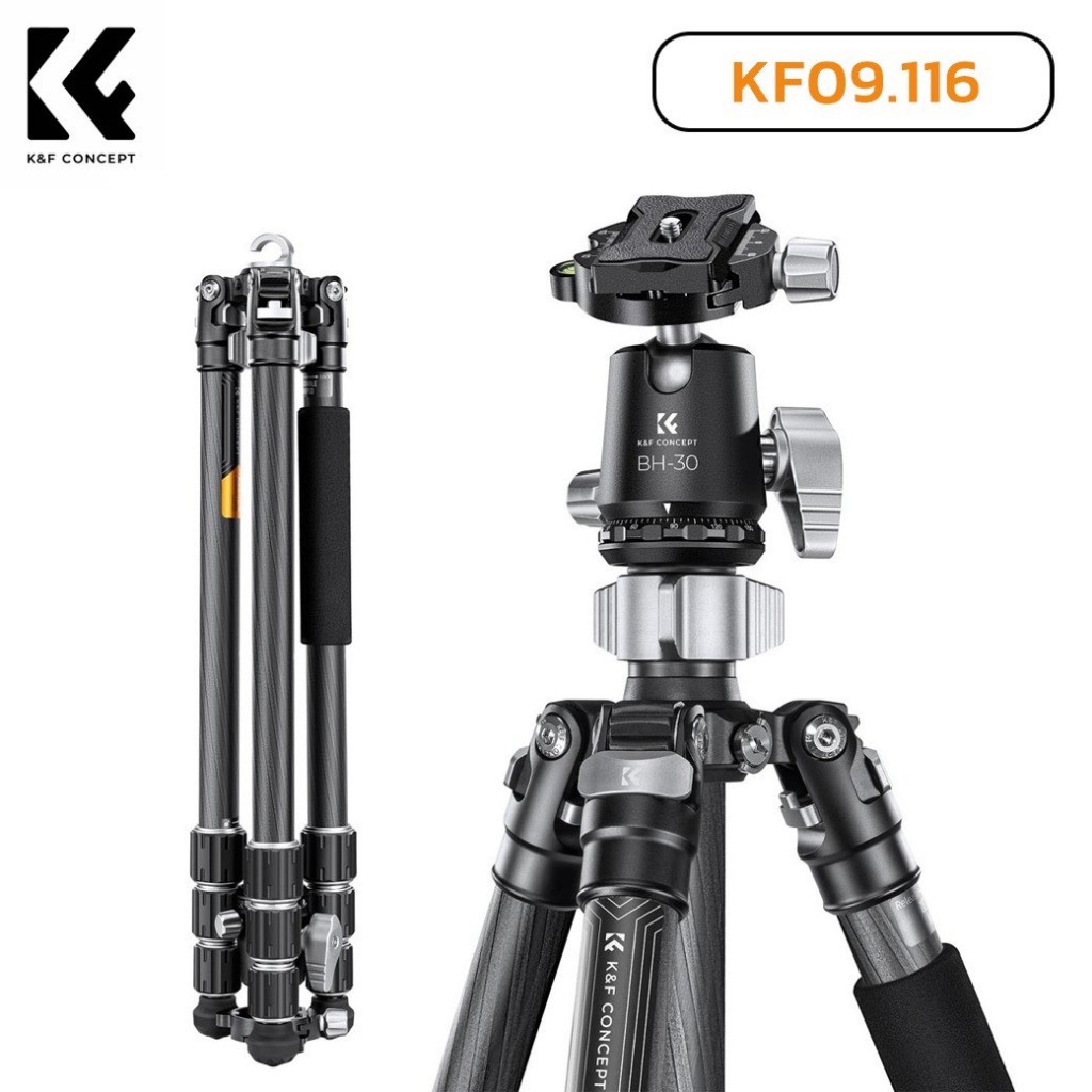 K&F Concept X Series Carbon Fiber Tripod X254C4+BH-30 Head, Gray+Black (KF09.116)