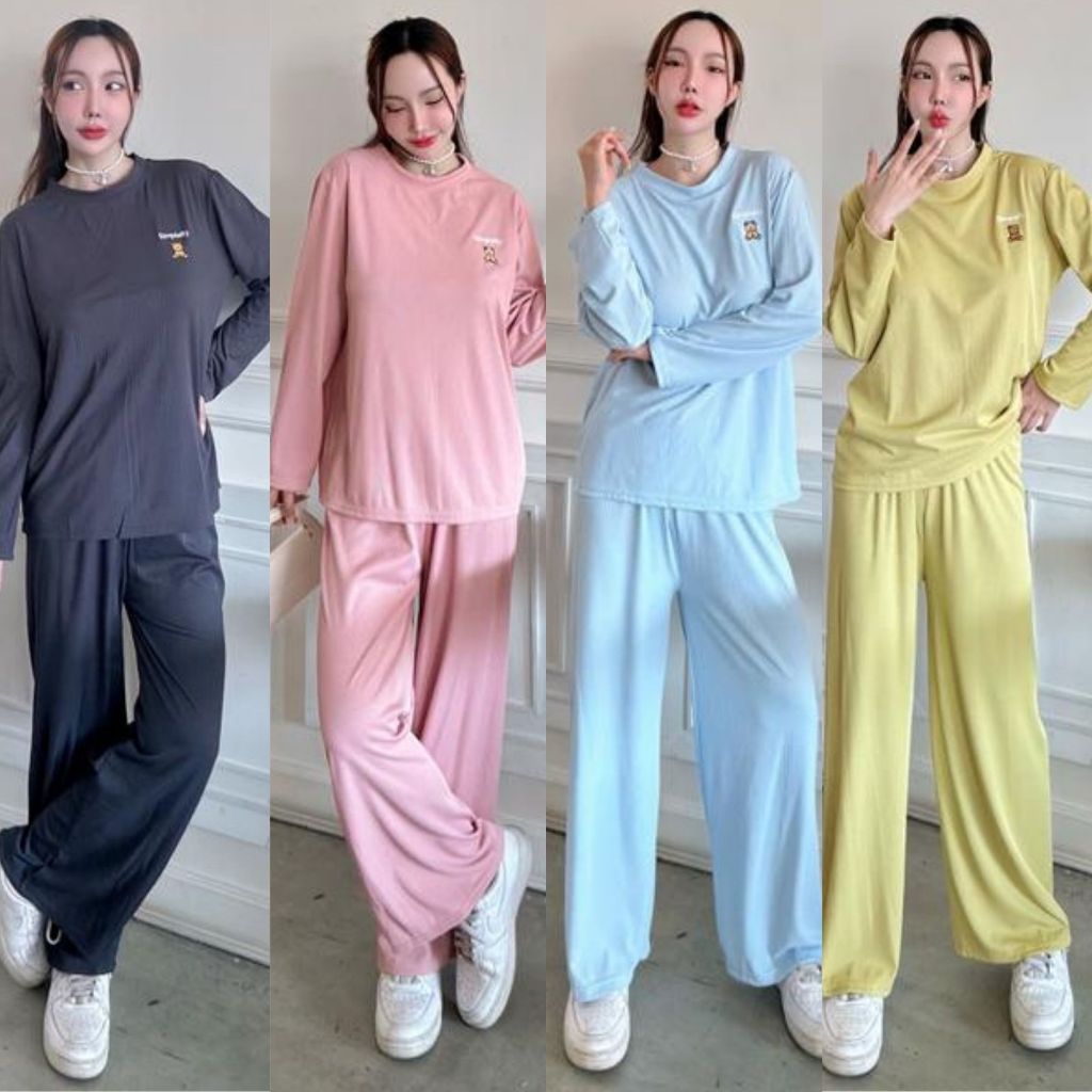 ชุดเซ็ทปักลายหมี🌈 ชุดเซ็ทน่ารักๆ ชุดเซ็ทผู้หญิงแขนยาว เสื้อเชิ้ตแขนยาว กางเกงขายาว  ใส่สบายไม่ร้อน TZ9988