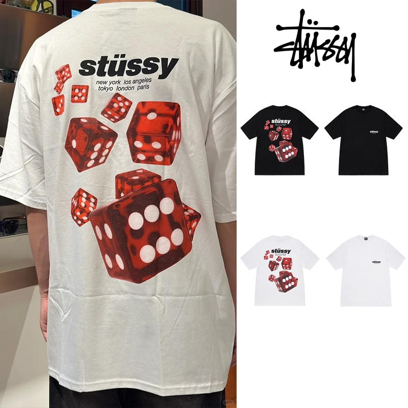 แขนสั้น Stussy เสื้อยืด พิมพ์ลูกเต๋า ของแท้ 100% จากเสื้อผ้าผู้ชายและผู้หญิง