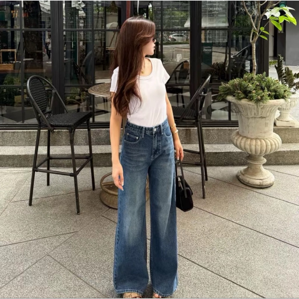 Wink Jeans - กางเกงยีนส์ขากระบอกใหญ่ เอวสูงเก็บหุ่น (ยีนส์)