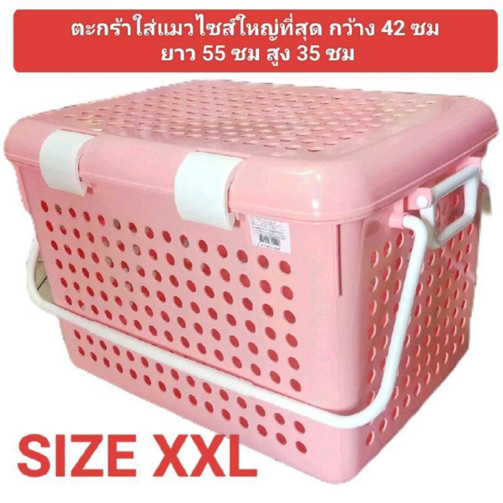 ตะกร้าใส่แมวไซส์ใหญ่ที่สุด XXL ขนาด 42x55x35 ซม (วัดภายนอกรวมฝาและด้ามจับ)พลาสติกหนาแข็งแรง