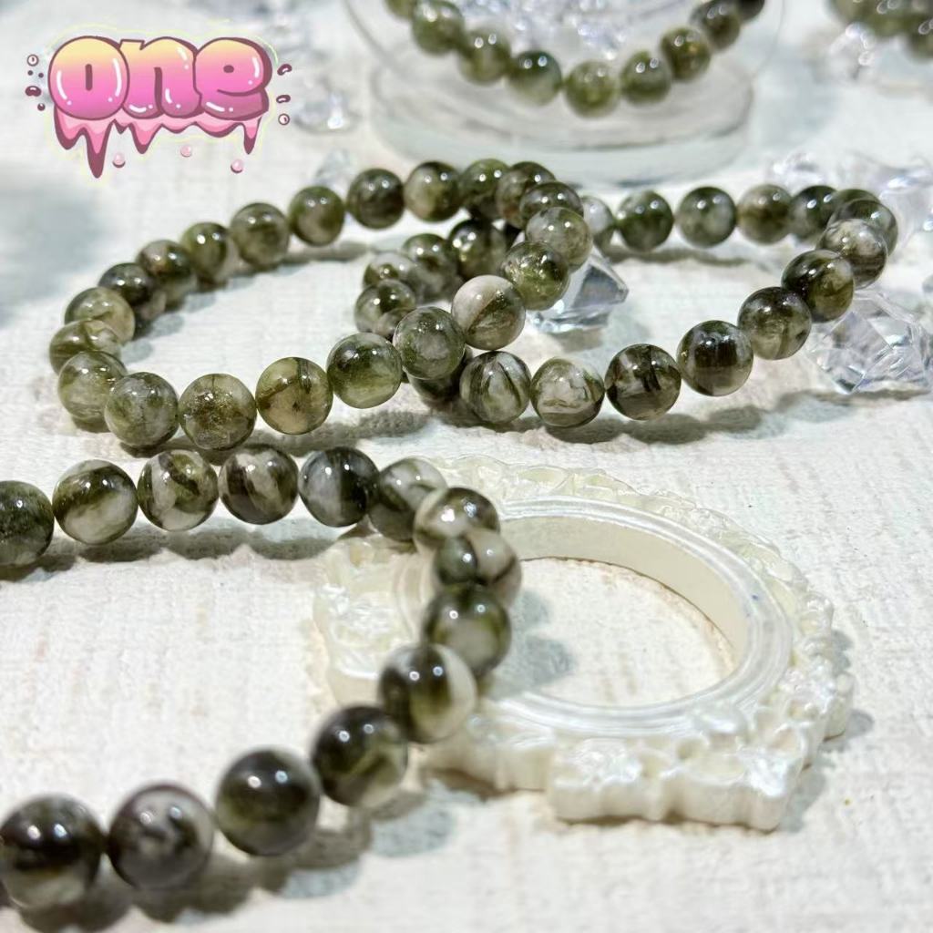 Lepidolite กรีนไมก้า สร้อยข้อมือ สีเขียวธรรมชาติ หินแห่งความสงบและการบรรเทาความเครียด 9 มิล 16ซม.