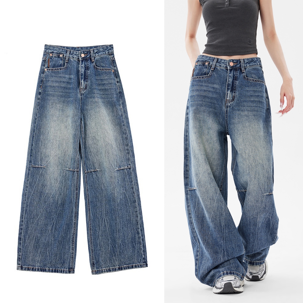 Jeans Long pants Blue Denim กางเกงยีนส์ขาตรงสไตล์วินเทจอเมริกัน กางเกงยีนส์ขาตรงลวดลายรอยแตกสไตล์ล้ำสมัย HOT