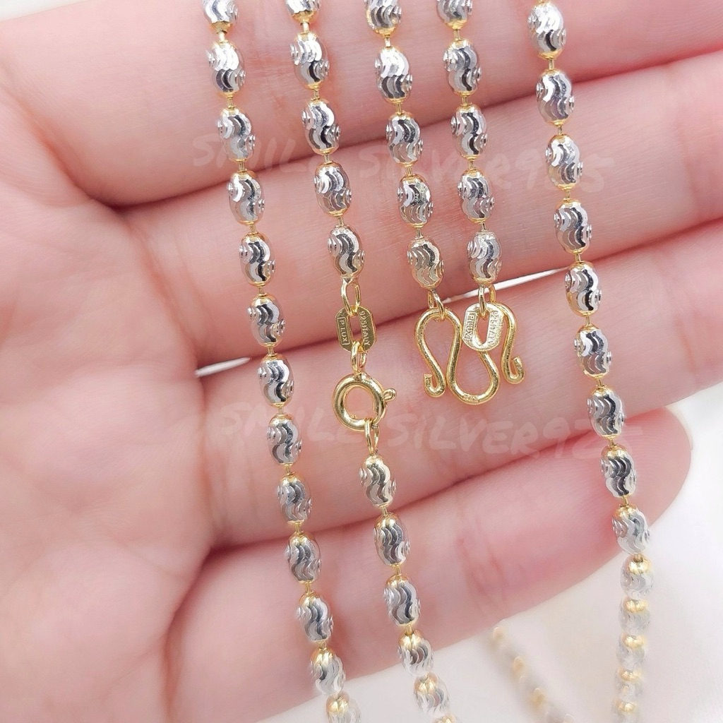 สร้อยคอเงินแท้ 92.5% Italy ลายเม็ดไข่ SS ขนาด 3 มิล ชุบ2กษัตริย์ (WG+G)