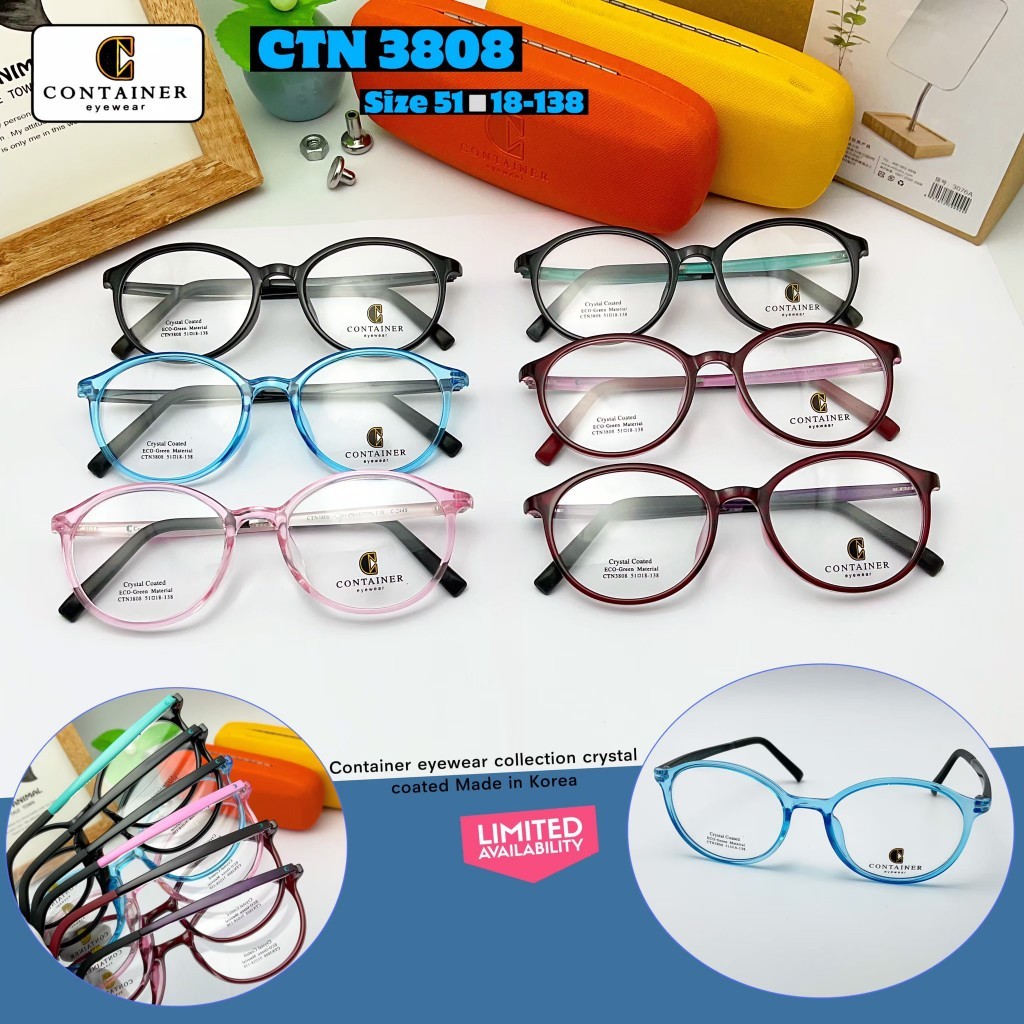 กรอบแว่นตา Container วัสดุ TR90 100% ยืดหยุ่น ทนแรงบิดงอได้ดี น้ำหนักเบา รุ่น 3808 **สีแดงชมพูพร้อมส