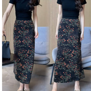 ฝรั่งเศส ย้อนยุค พิมพ์. กระโปรงยาวกลาง ชีฟอง เอวสูง เผยผอม ก…