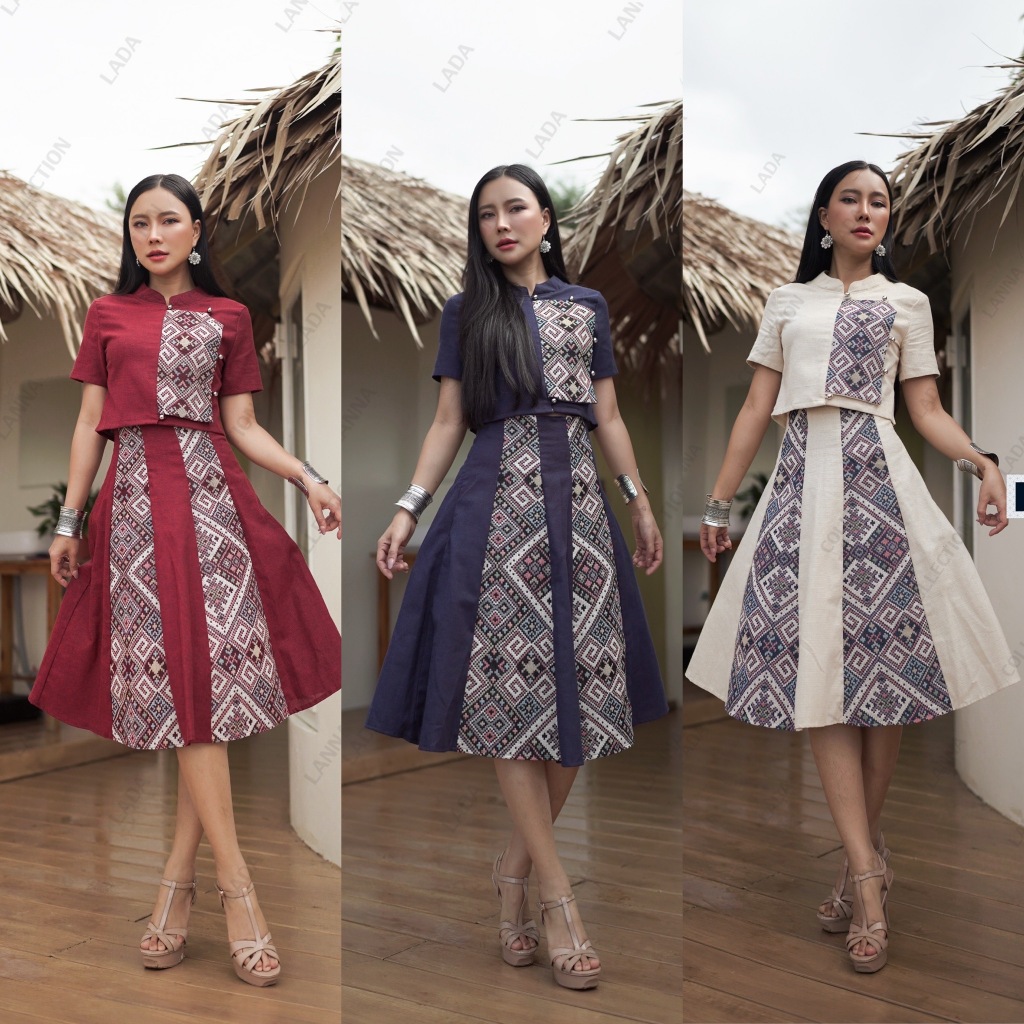 เซ็ทเสื้อคอจีนและกระโปรงทรง10ชิ้นผ้าทอลายนากา