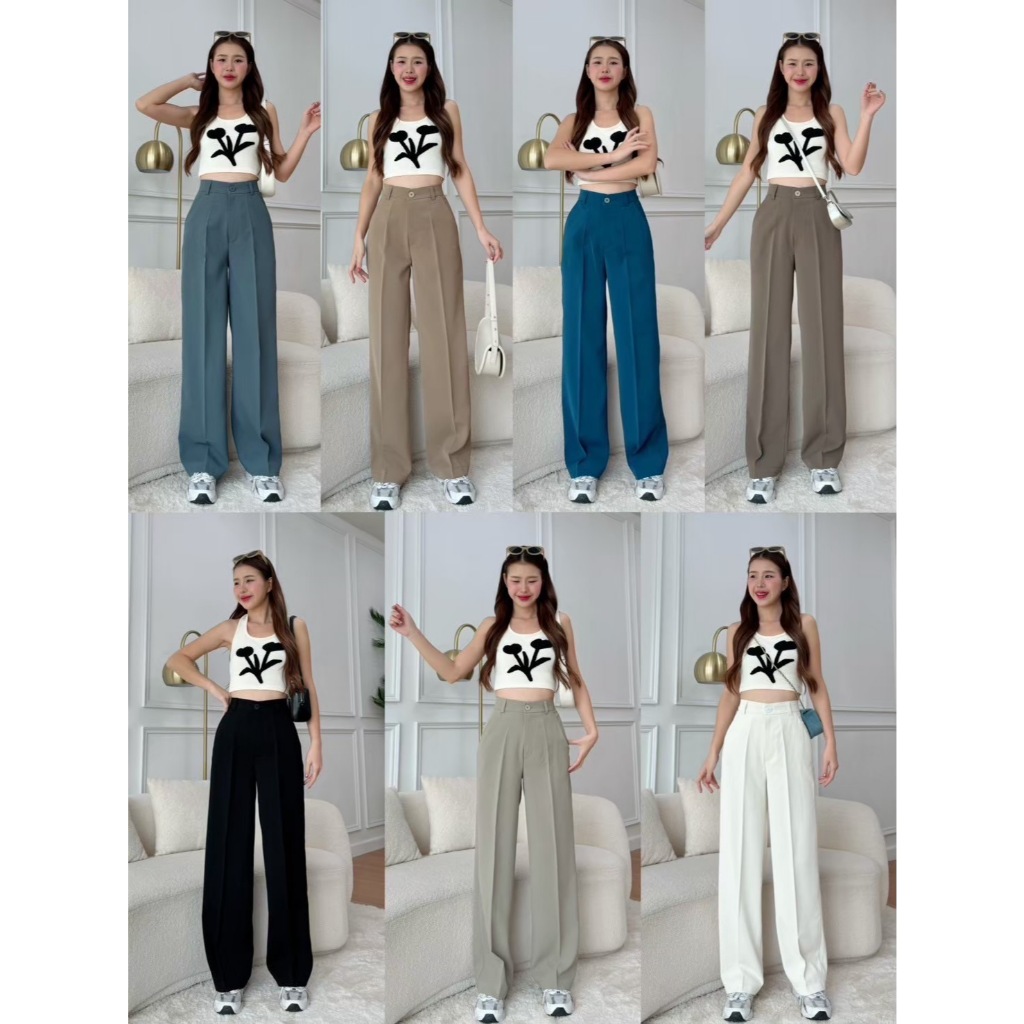 L0037 Beer&Oil  กางเกงขายาวเอวสูงผ้าลิลลี่ งาน1กระดุมซิปหน้าขากระบอก