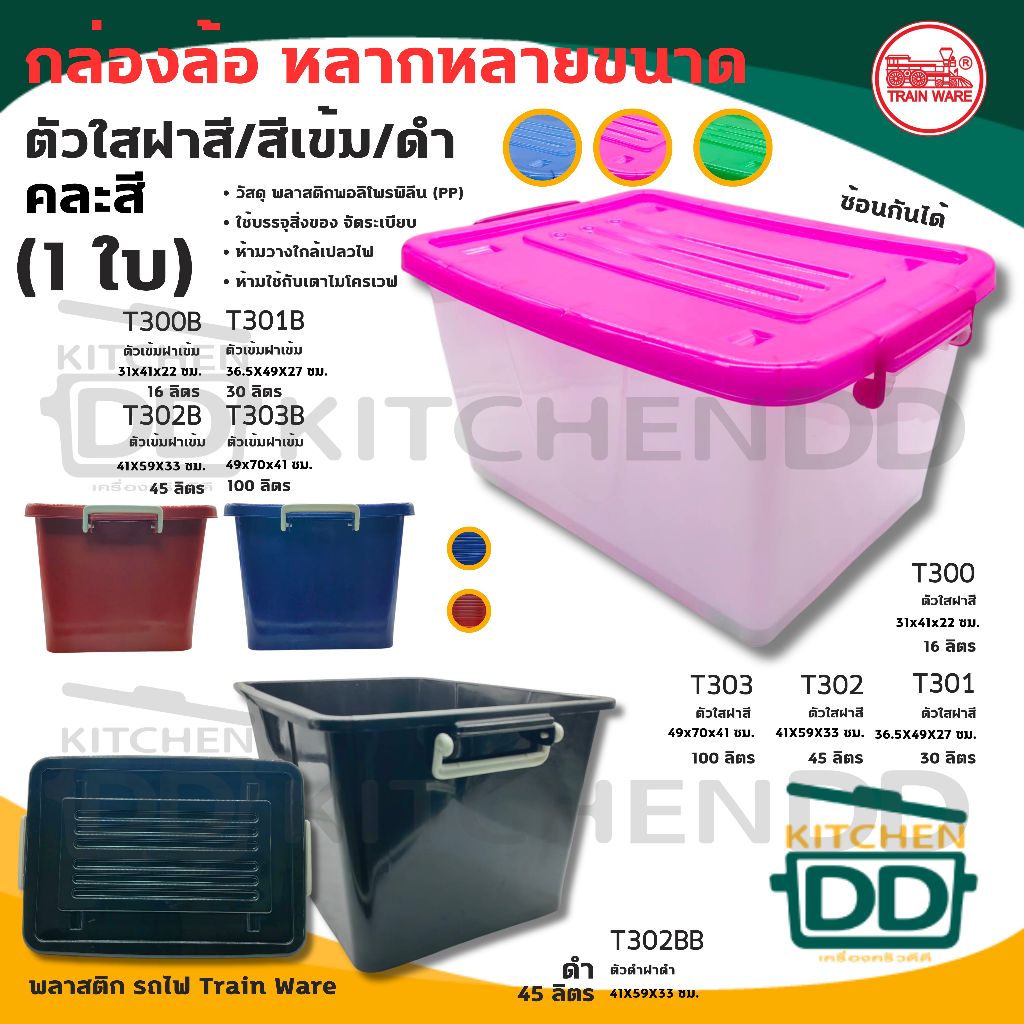 กล่องพลาสติกอเนกประสงค์ มีฝา มีล้อ คละสี Train Ware รถไฟ ขนาด 16/30/45/100 ลิตร - 1 ใบ