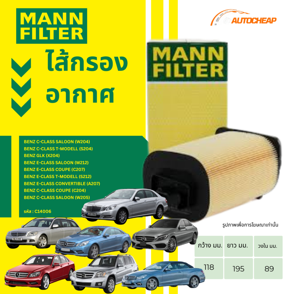 MANNFILTER กรองอากาศ W204 W207 W212 X253 R172 เครื่อง M274 OE 274 094 00 04 C14006