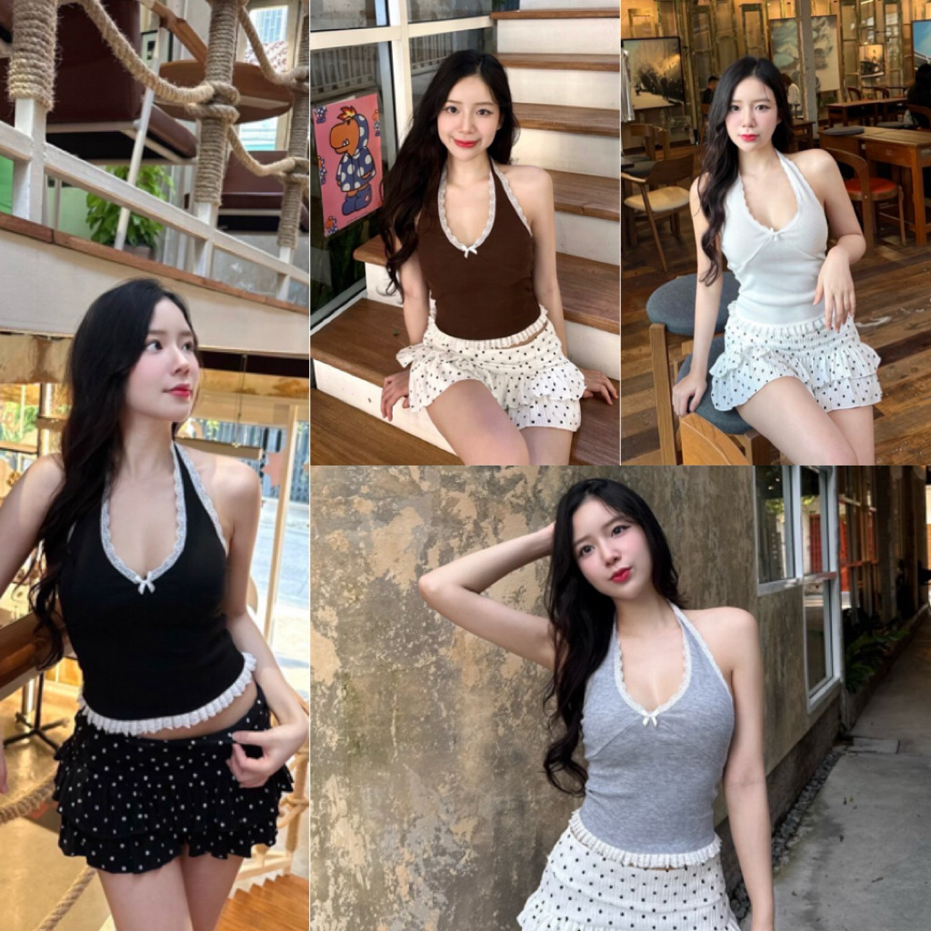 💕ShopBypuy💕เสื้อคล้องคอแต่งระบายลูกไม้💕ผ้าร่อง
