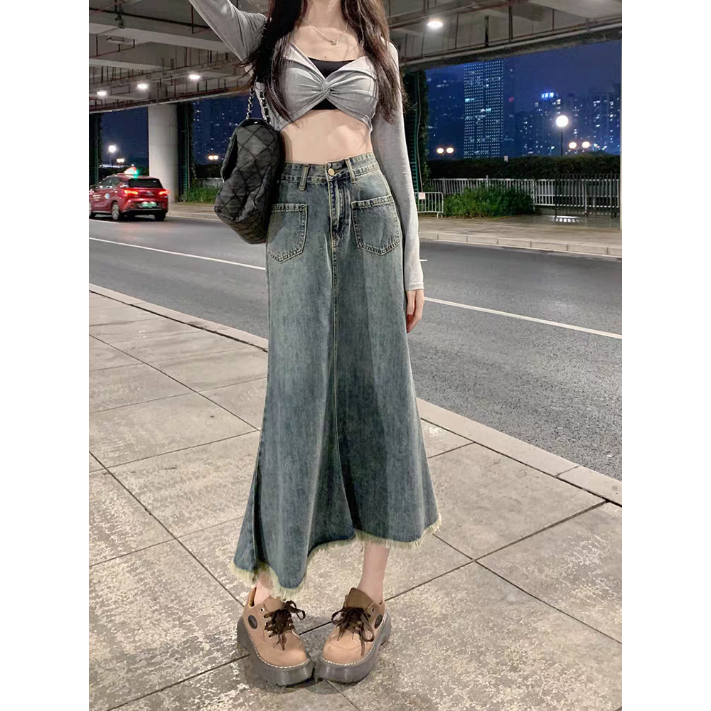 ทรงหางปลา กระโปรงยีนส์ยาว ไม่มีผ่า สไตล์ผู้หญิง วัสดุไม่ยืด