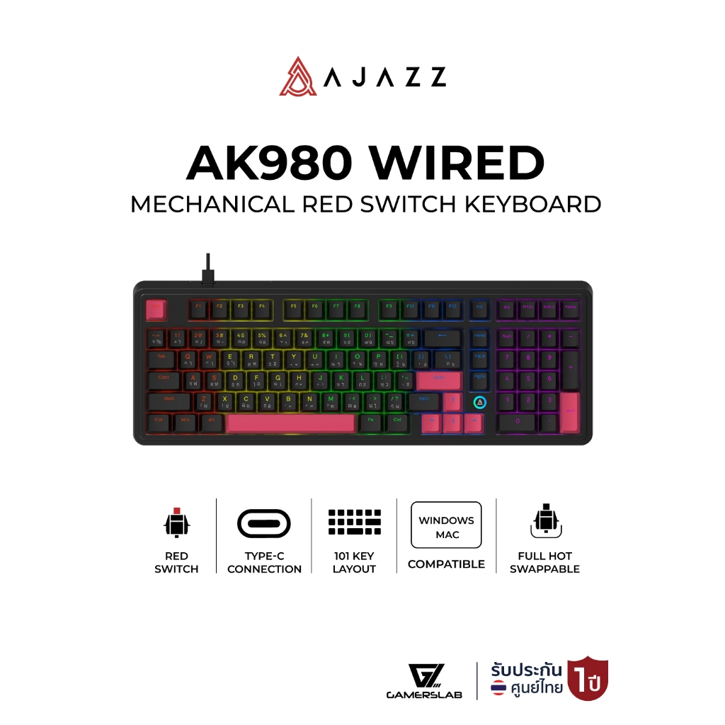Ajazz AK980 Wired Mechanical Red Switch Keyboard คีย์บอร์ดเกมมิ่งรับประกัน 1 ปี
