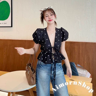🔥aimorn_shop🔥เสื้อผูกหน้า มีเชือกผูกโบว์ปรับเอง ทรงแขนตุ๊กตา งานสวยแซ่บมาก ดีเทลลายจุดกำลังฮิตมาแรง