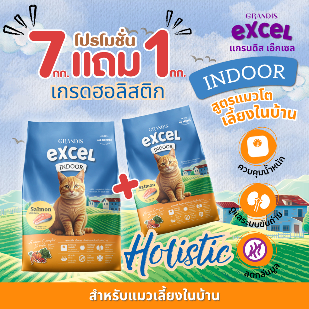 [แถมฟรี1กก] เอ็กเซล 7กก แมวเลี้ยงในบ้าน เกรดฮอลิสติก GRANDIS EXCEL Indoor Holistic Cat Food