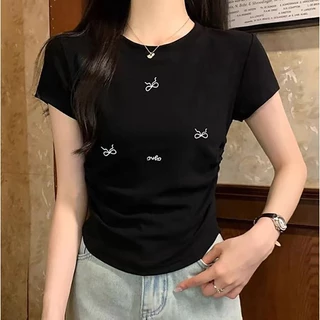 G01-07 เสื้อยืดสีดำ แขนสั้นพิมพ์ลายโบว์มินิ สุดน่ารัก แนวเกาหลี หลายไซส์ ผ้านิ่มสวมใส่สบาย ใส่ได้ทุกโอกาส ราคาถูก