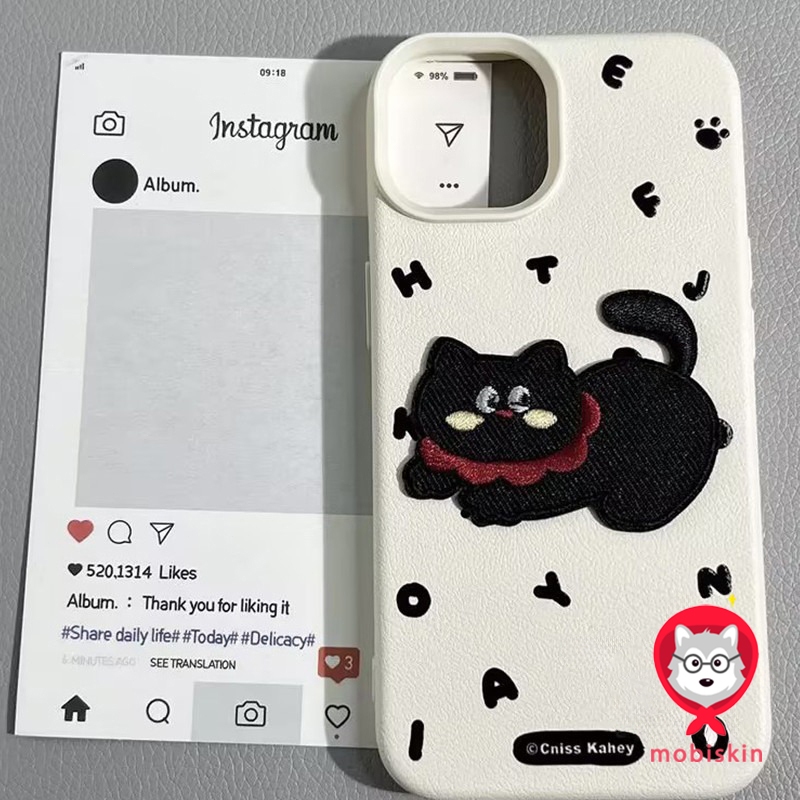 Retro การ์ตูนแมวลูกแมว Doodle น่ารักตัวอักษรสีดําสําหรับ IPhone 11 15 16 13 12 14 Pro Max XR 14 16 15 Plus X XS Max