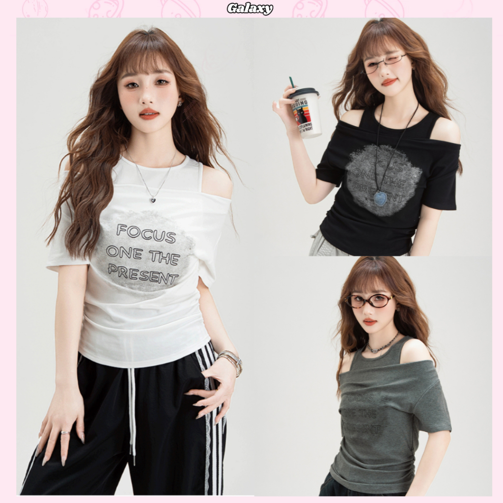 เสื้อยืดเเขนสั้น เสื้อยืดเเขนสั้นผู้หญิง สไตล์ทรงหลวม สไตล์เกาหลี สไตล์ออลแมทช์  ใส่ได้สองเเบบ #020351