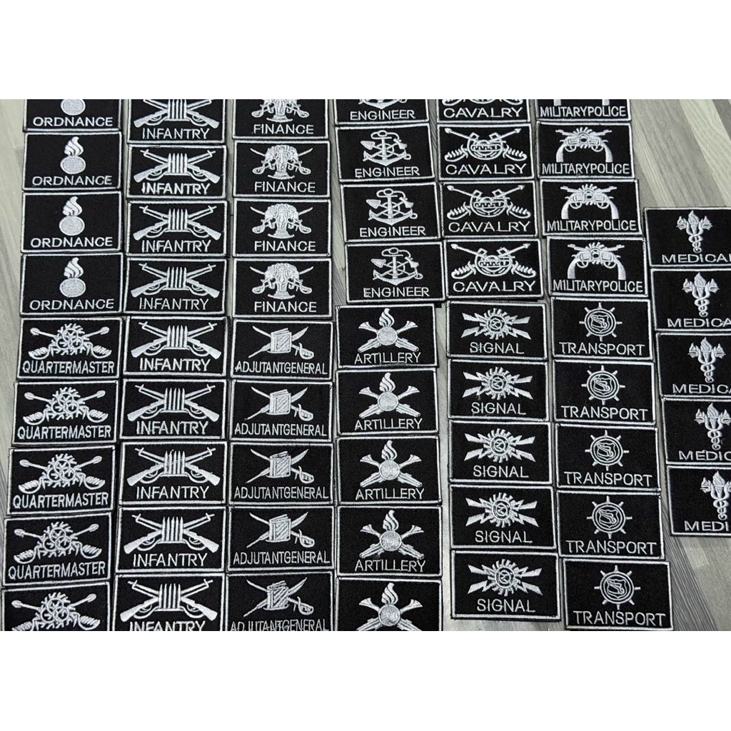 อาร์มเหล่าทหาร อาร์มปักผ้าดำไหมเทา ขนาด6.5x4cm เหล่าราบ เหล่าแพทย์