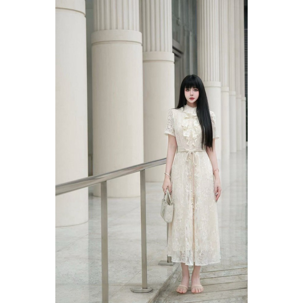 [Meena_shop] Ticha Maxi เดรสสีครีมแขนสั้น คอปิด