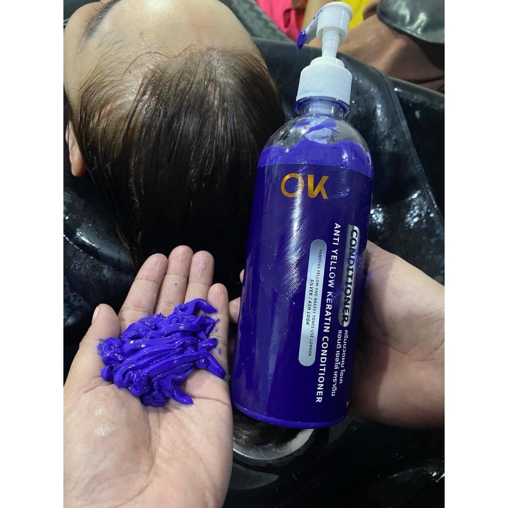 แชมพูม่วง OK และ ทรีทเม้นOK แชมพูรักษาสีผม,ไม่ติดมือ ล้างไรเหลือง ไรส้ม สำหรับผมฟอกและโทนสีเทา,ขนาด275ml.
